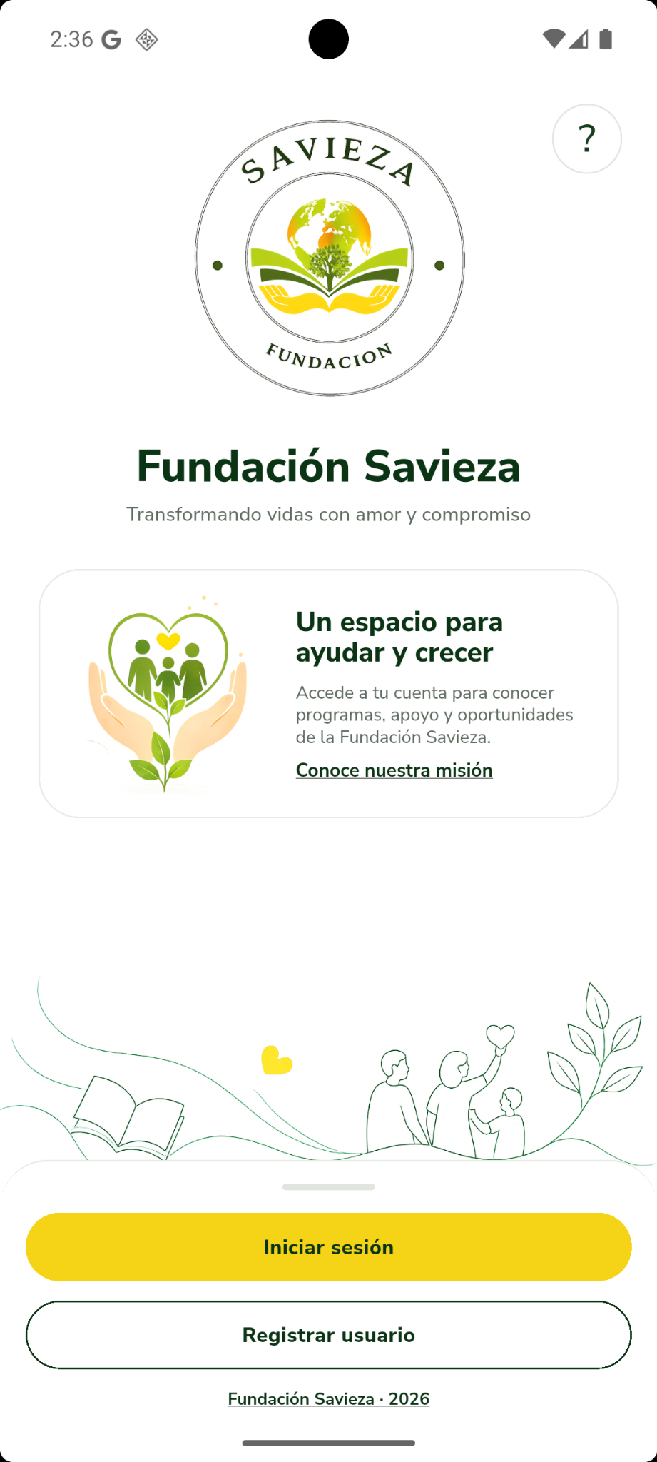 Pantalla de inicio e ingreso de la aplicación Fundación Savieza