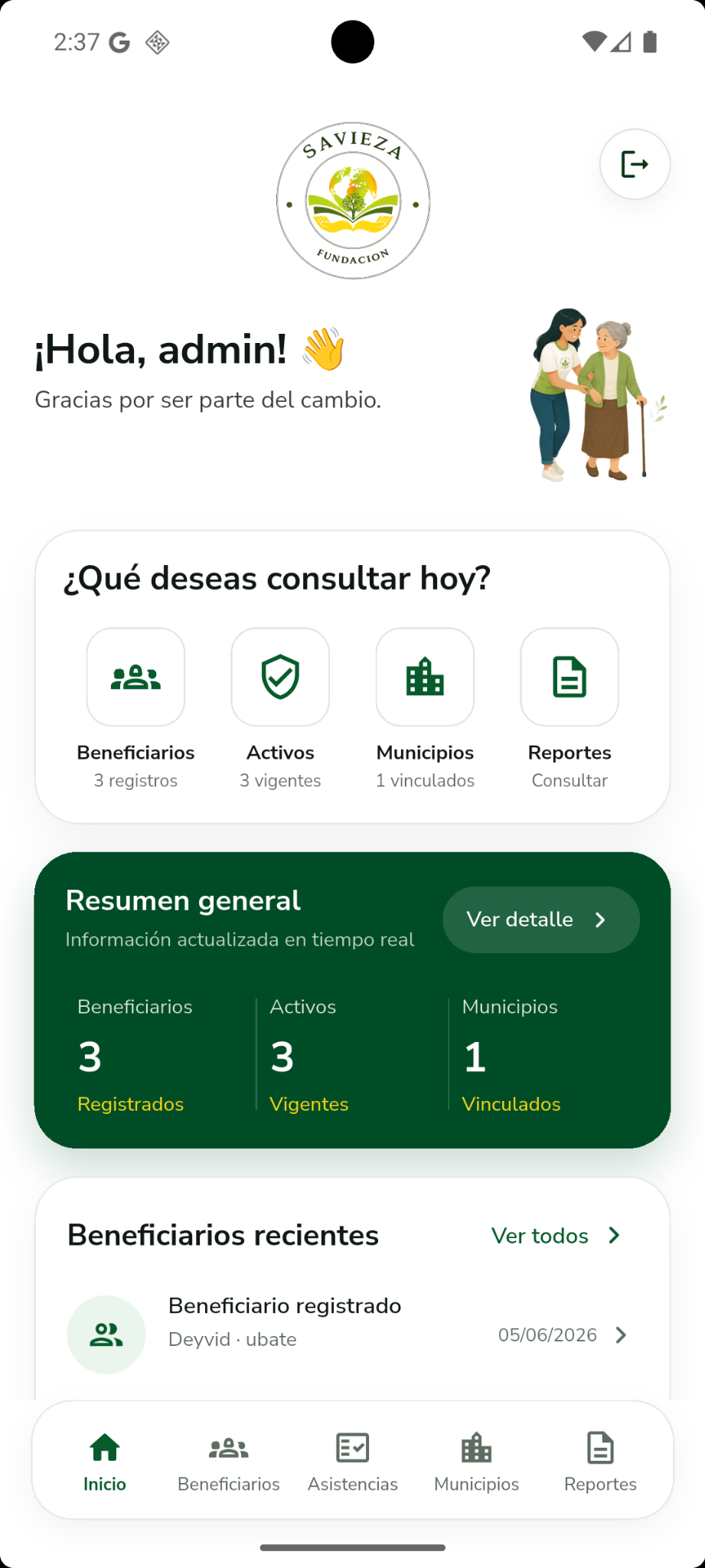 Panel administrativo de la aplicación Fundación Savieza